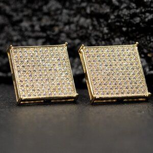 Big Square Flat Screen Large Hip Hop Yellow Gold Sterling Silver Stud Earrings